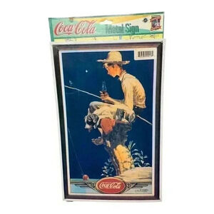 COCA-COLA Brand 1989 Tin Sign, Norman Rockwell Fishing Themed Coke Vintage NEW